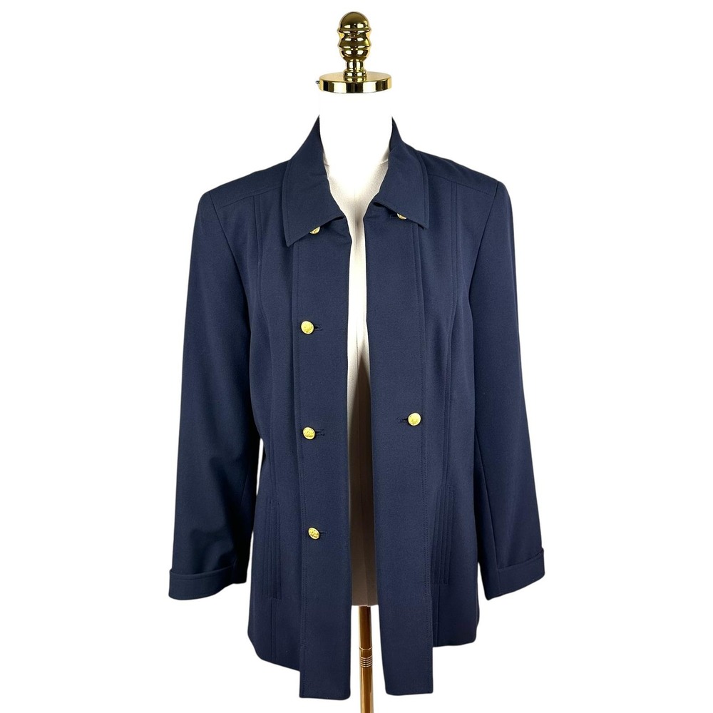 Jones Wear Stretch Navy Blue Blazer Jacket Size 10 Military Style Gold Buttons